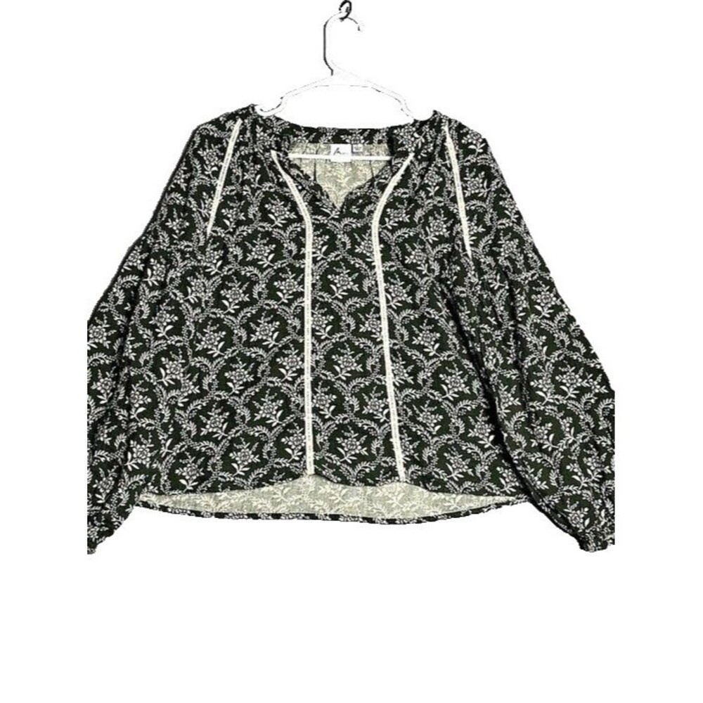 MIRA Floral Lace Pullover Blouse Womens L Regular Puff Sleeve Prairie Fall Green